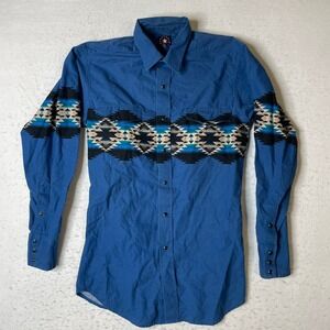 Panhandle Slim Mens Small Western Snap Shirt Blue Aztec Southwest Print 3059133